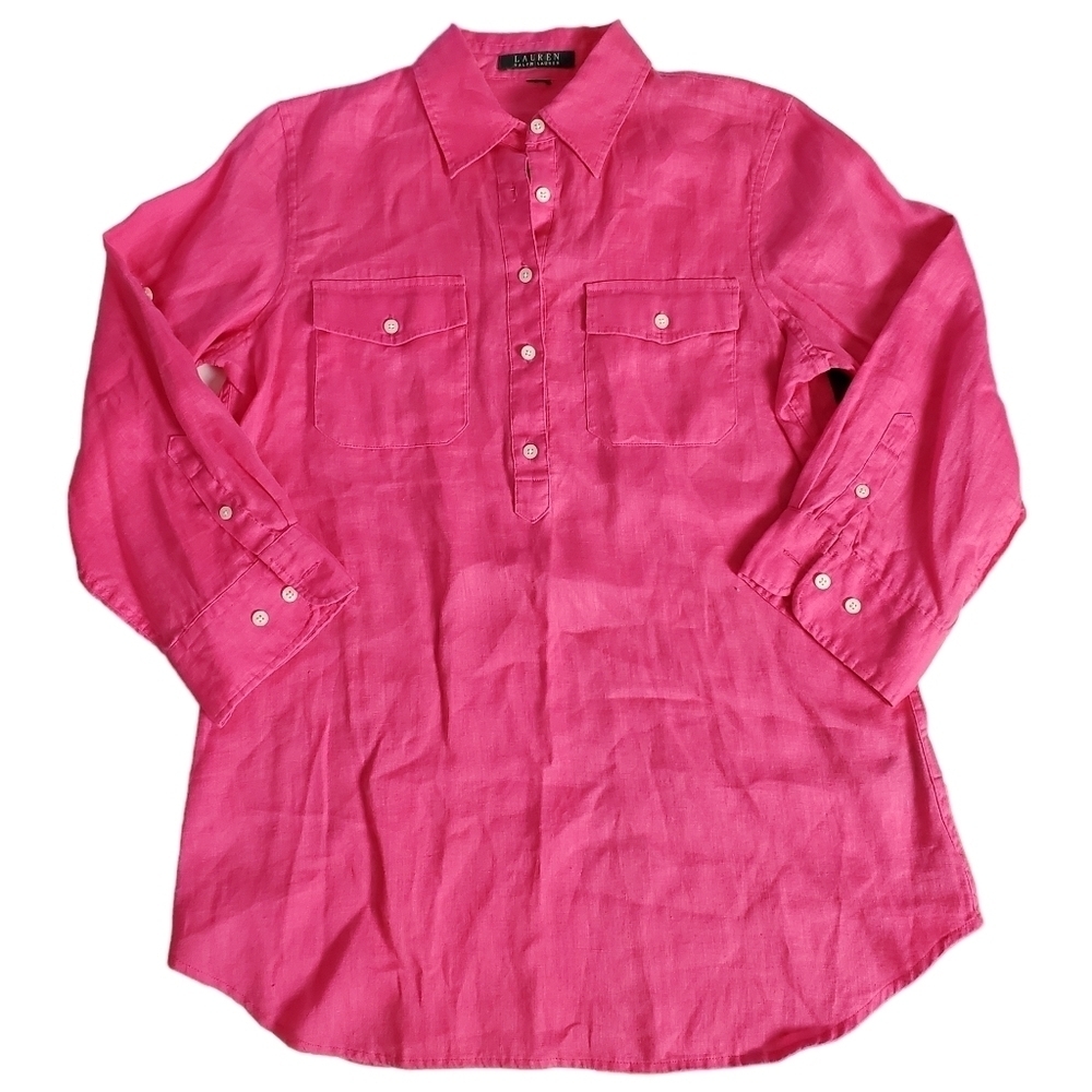Lauren Ralph Lauren Popover Camp‎ Shirt Medium Pink Linen Roll Tab Sleeve Spring